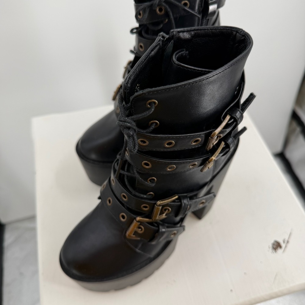 Womens Size 6 Black Platform Boots Goth Punk Buckle Strap Chunky Heel - Picture 4 of 16
